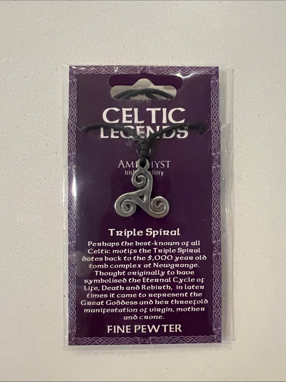 Celtic Legends Amethyst Triple Spiral Pewter Necklace - Black Cord